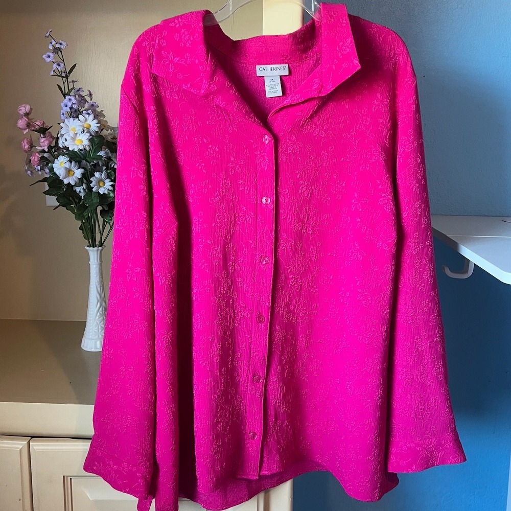 Catherines Long Sleeve Button Up 2X Pink Floral Embroidered Work Church Mature